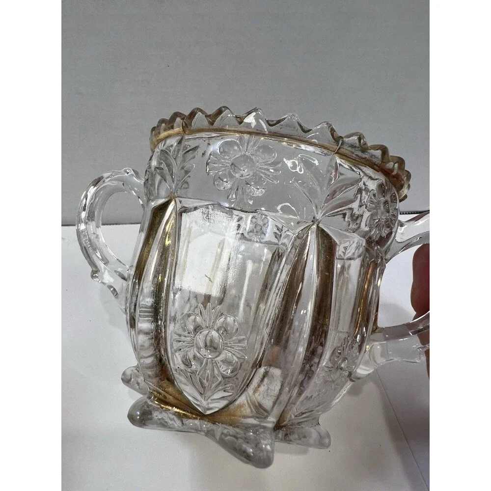 Antique 1897 EAPG Glass Sugar And Creamer Set Harvard Yard Gold Gilding Trim